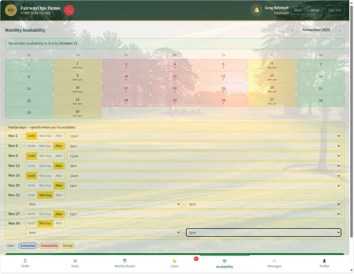 FairwayOps employee monthly availability submission screen