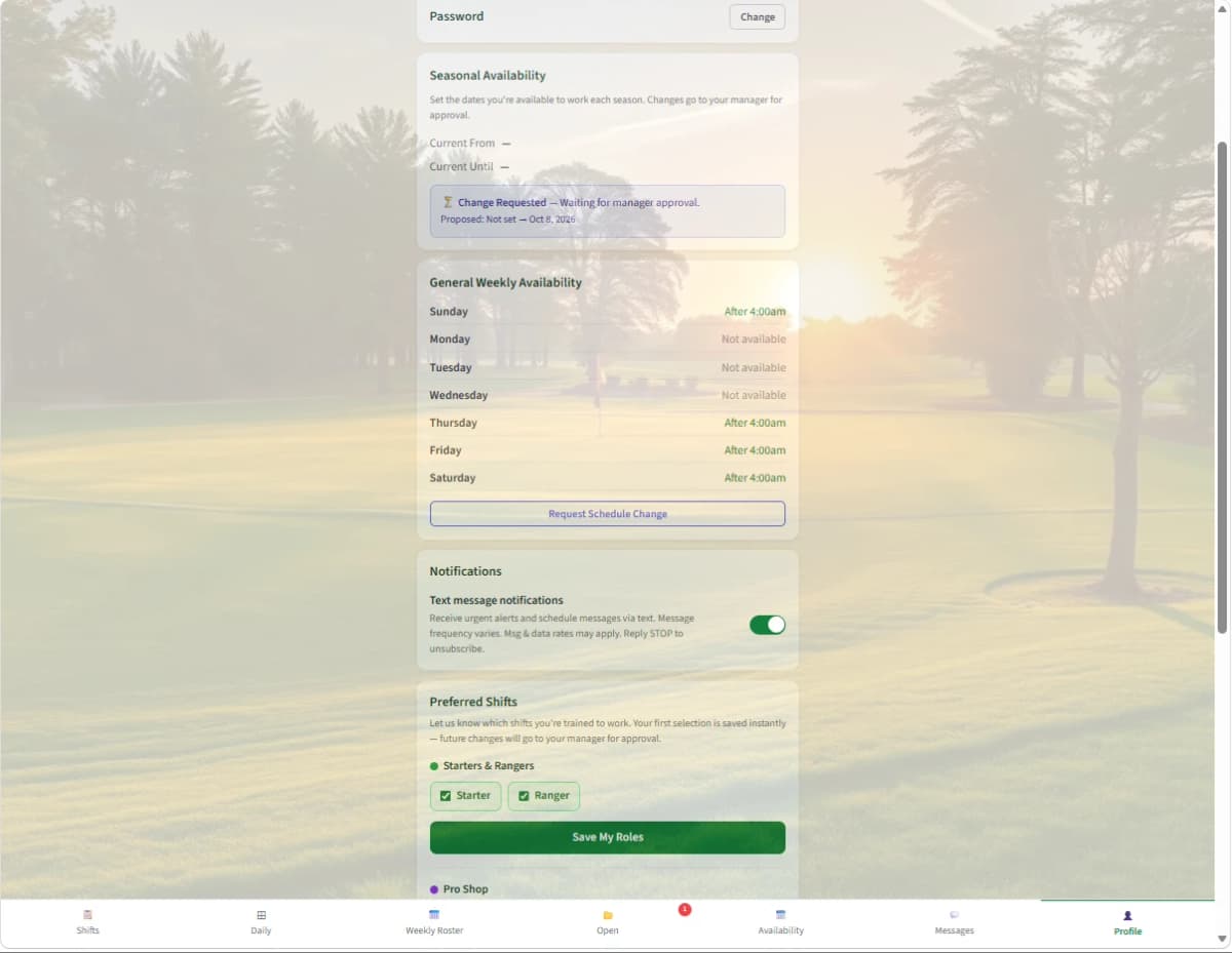 FairwayOps employee profile screen showing personal info and preferences