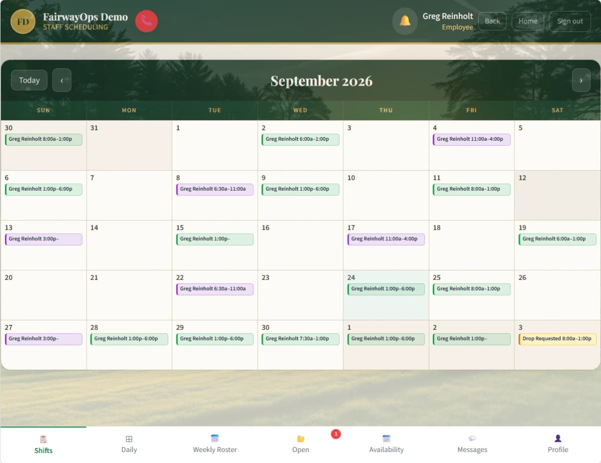 FairwayOps employee view of upcoming shifts