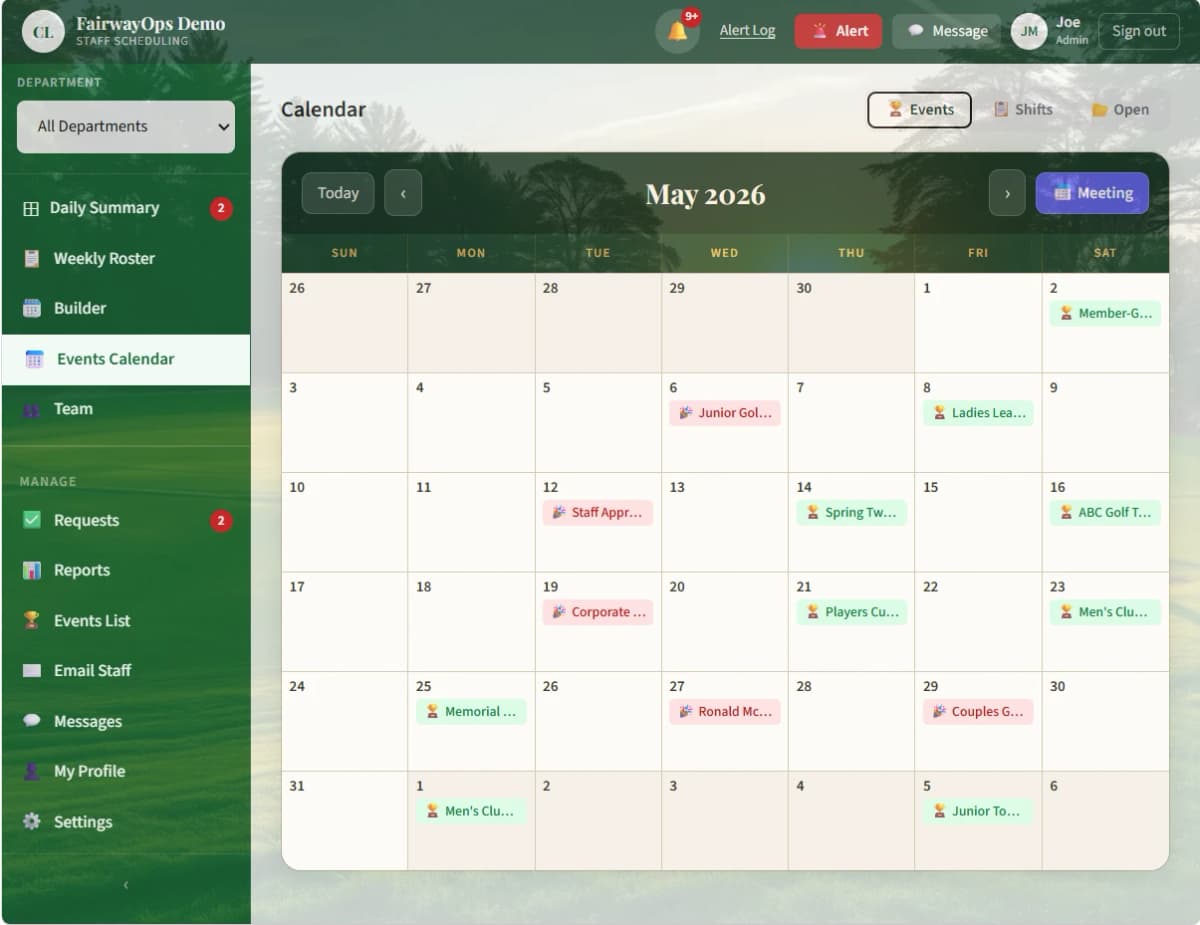 FairwayOps course events calendar showing tournaments and banquets