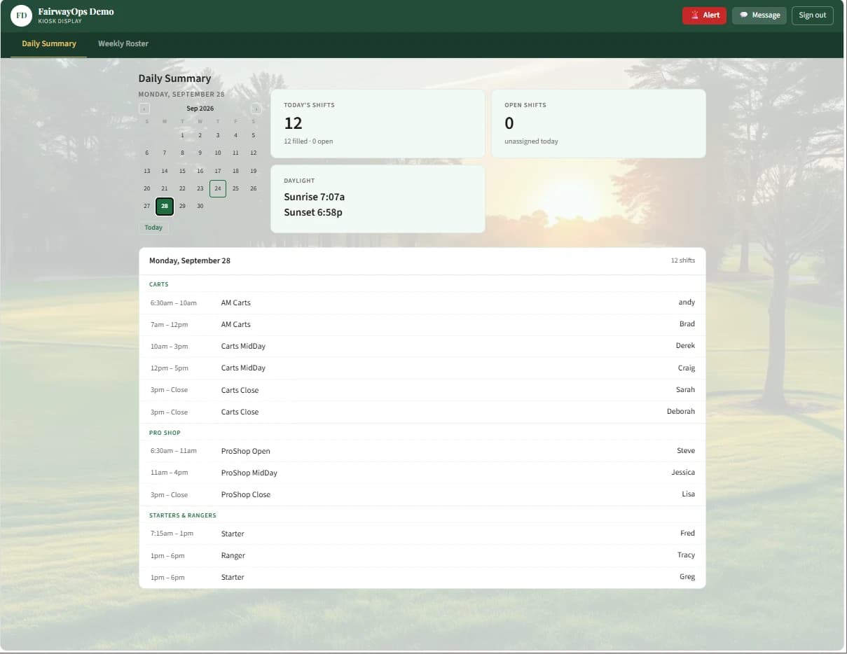 FairwayOps kiosk display showing daily staffing and course events