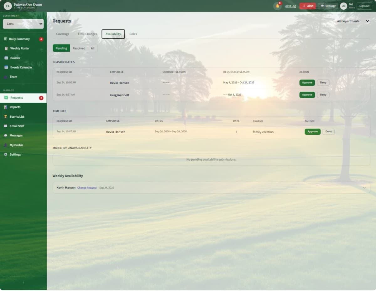 FairwayOps manager approvals queue