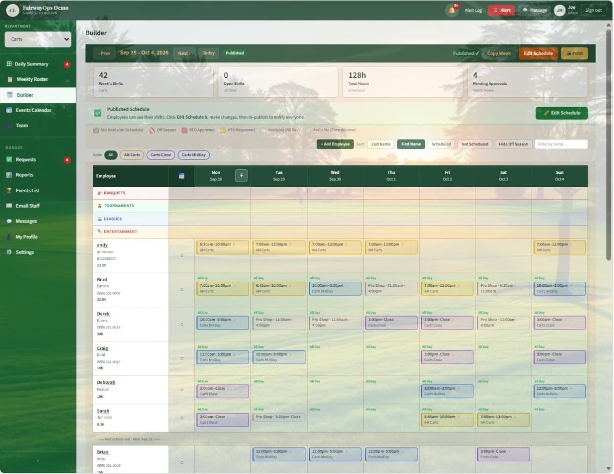 FairwayOps drag-and-drop schedule builder for a single department