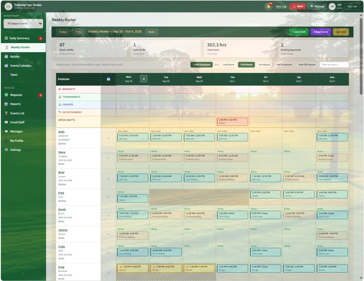 FairwayOps weekly roster grid showing employees and shift coverage